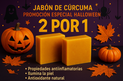 generame la imagen de un Jabón en base a cúrcuma con una promoción dos por uno enfocada a lo que se viene que es la fecha de  halloween , con los beneficios del jabón, el texto en español, y colores llamativos 