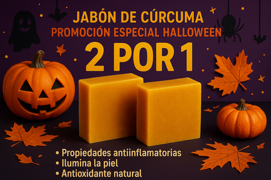 generame la imagen de un Jabón en base a cúrcuma con una promoción dos por uno enfocada a lo que se viene que es la fecha de  halloween , con los beneficios del jabón, el texto en español, y colores llamativos 