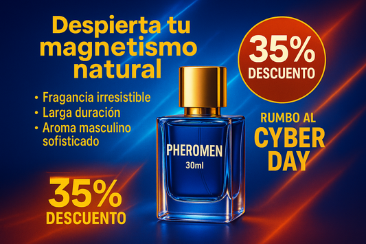 generame la imagen del perfume Pheromen en formato de 30 ml, con sus beneficios, con su eslogan atractivo, con un 35% de descuento sin el menos y como en vía hacia el Cyber Day, en español y con colores llamativos. 