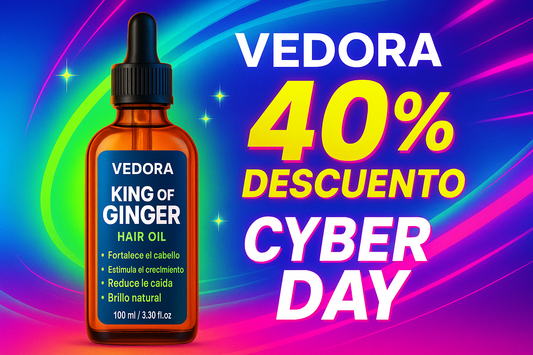 generame una foto del aceite Vedora King of Ginger Hair Oil, con sus beneficios, con un 40% de descuento sin el menos, con campaña Cyber Day, en español y colores llamativos 