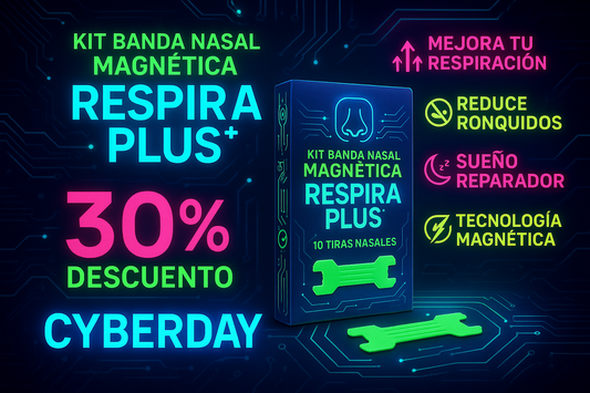 genrame la imagen del Kit Banda Nasal Magnética Respira Plus®, con los beneficios que trae, enfocado a modo CyberDay, con un 30% de descuento pero sin el menos, toda la información en esapañol y colores llamativos 