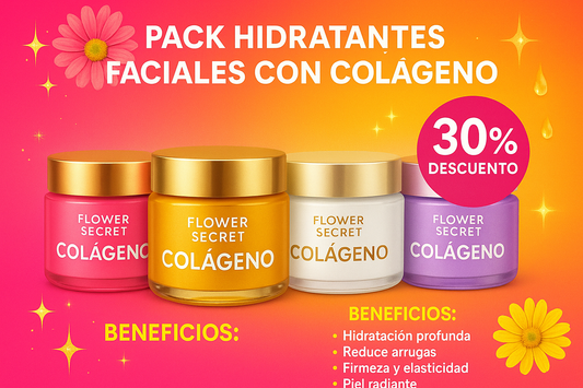 hazme un pack de 4 hidratantes faciales con colageno marca flower secret con sus beneficios para la piel, con un 30% de descunto, sin el menos, todo en español y con colores llamativos  