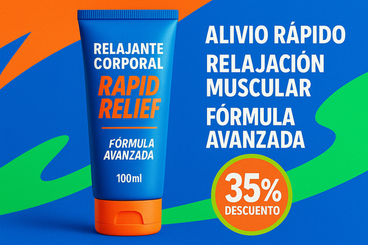 hazme una imagen del relajante corporal rapid relief 100 ml con sus beneficios, con un 35% de descuento, todo el texto en español y con colores llamativos 
